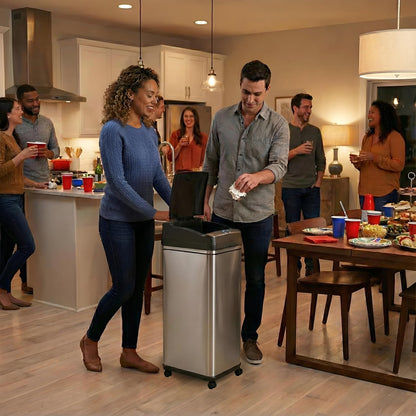 iTouchless - Sistema de control de olores para cubos de basura con sensor deslizante, cubo de basura automático de cocina y oficina (alimentado por batería o adaptador de CA opcional), 49.2 l, acero inoxidable con ruedas