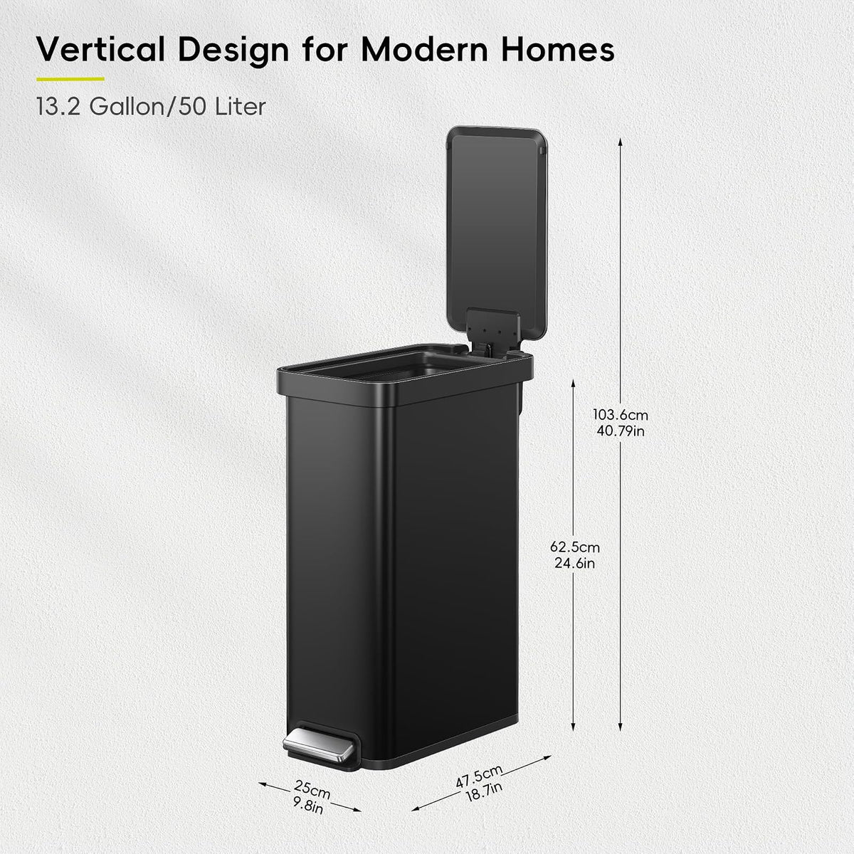 EKO Hudson Slim 50L / 13.2 Dólar Cocina Basura con Tapa Acero inoxidable Estante para cocina o hogar