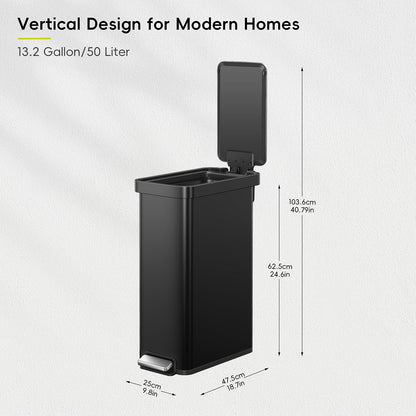 EKO Hudson Slim 50L / 13.2 Dólar Cocina Basura con Tapa Acero inoxidable Estante para cocina o hogar
