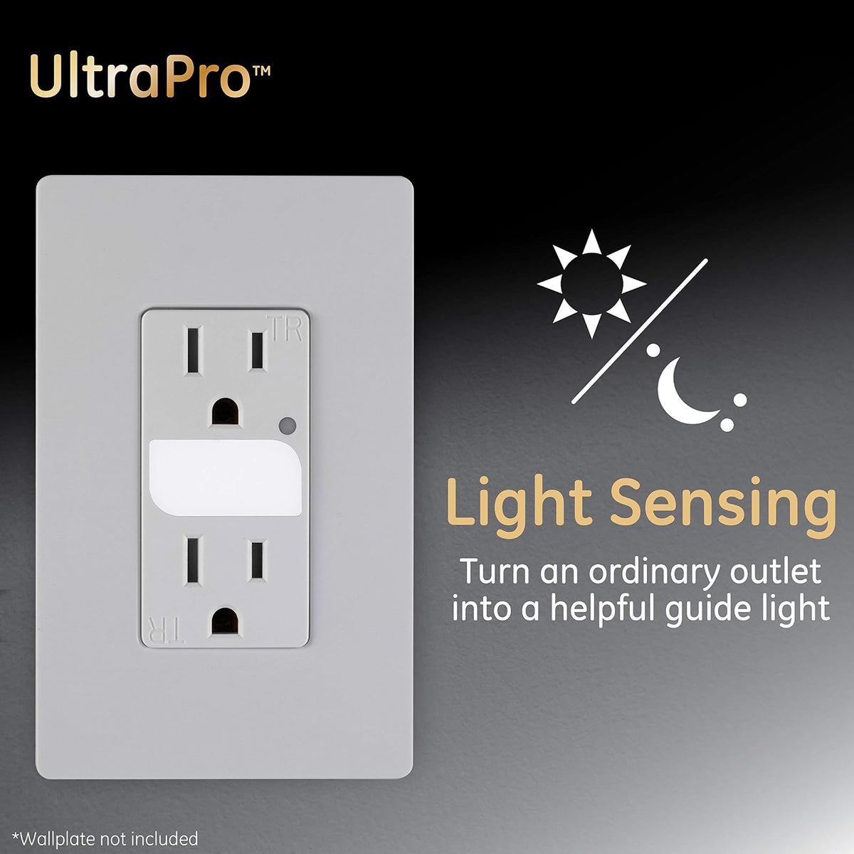GE UltraPro Grounding Duplex Outlet with LED Guide Light, In Wall Receptacle, Tamper Resistant Outlets, Soft Glow Light, Sensor Light, 15A / 125VAC, UL Listed, White, Wallplate Not Included, 40967