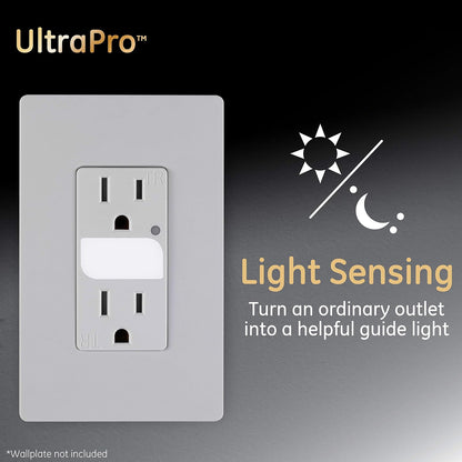 GE UltraPro Grounding Duplex Outlet with LED Guide Light, In Wall Receptacle, Tamper Resistant Outlets, Soft Glow Light, Sensor Light, 15A / 125VAC, UL Listed, White, Wallplate Not Included, 40967
