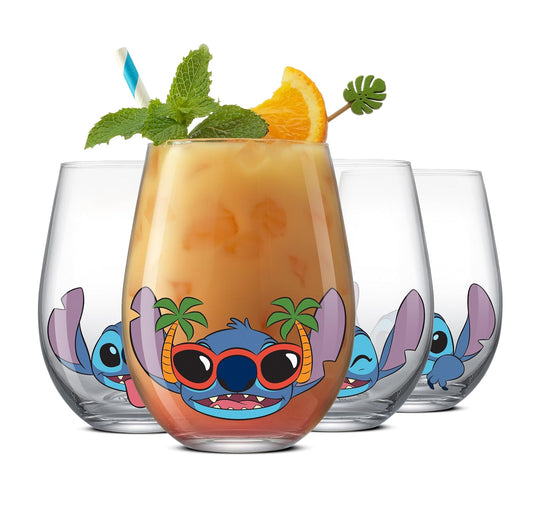 JoyJolt Disney Stitch Tonly Sips - Vasos para beber sin tallo, tazas de vidrio de lágrima de 19 onzas, juego de 4 vasos de vidrio, cosas de puntada, regalos de Lilo y puntada, regalos de Disney para
