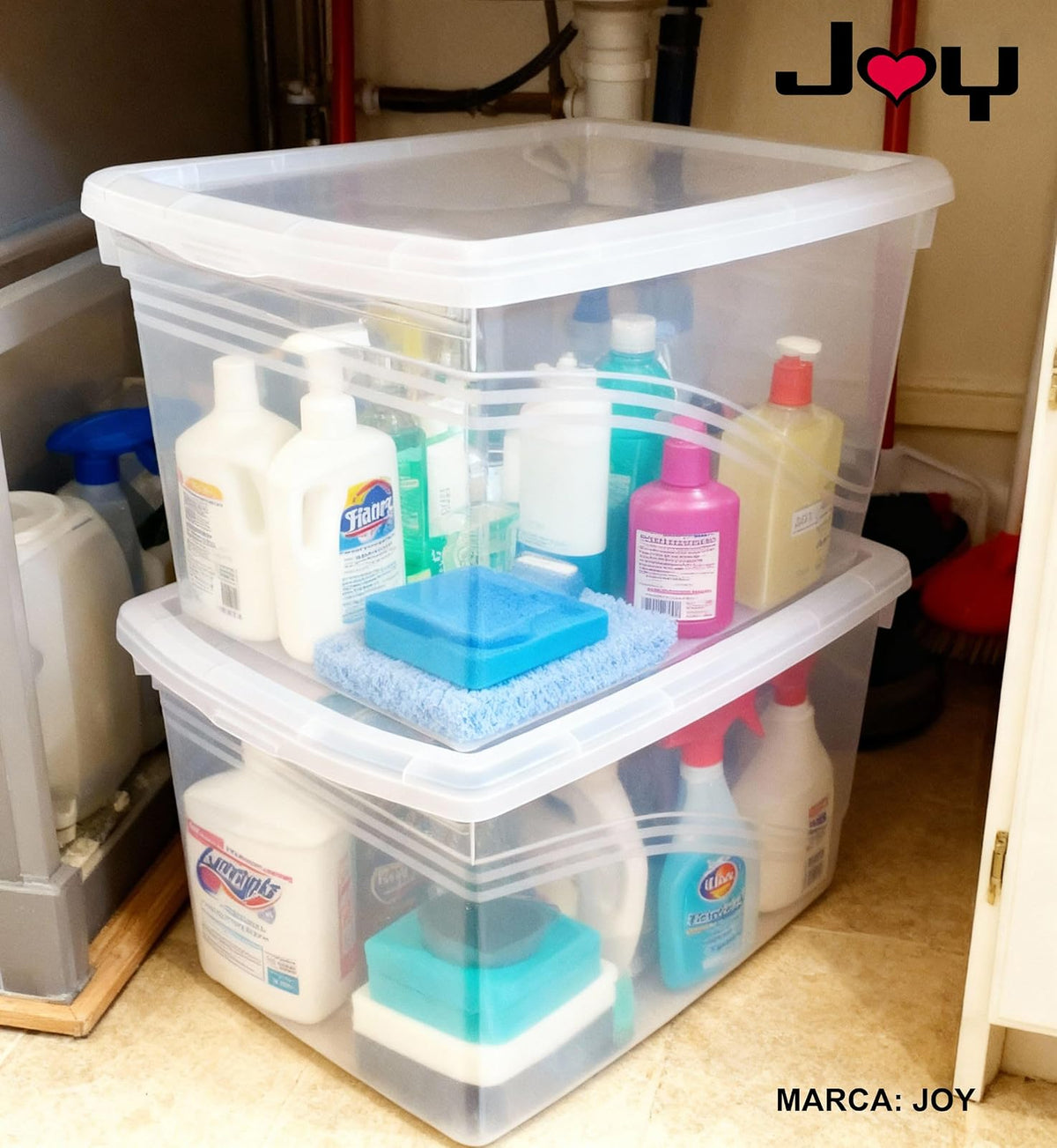 JOY - Caja de Almacenamiento 32 Litros, Pack de 2, para Organizar Armario, Juguetes, Ropa, con Cierre Click! y Agarraderas Reforzadas, Plástico Libre de BPA, Transparente