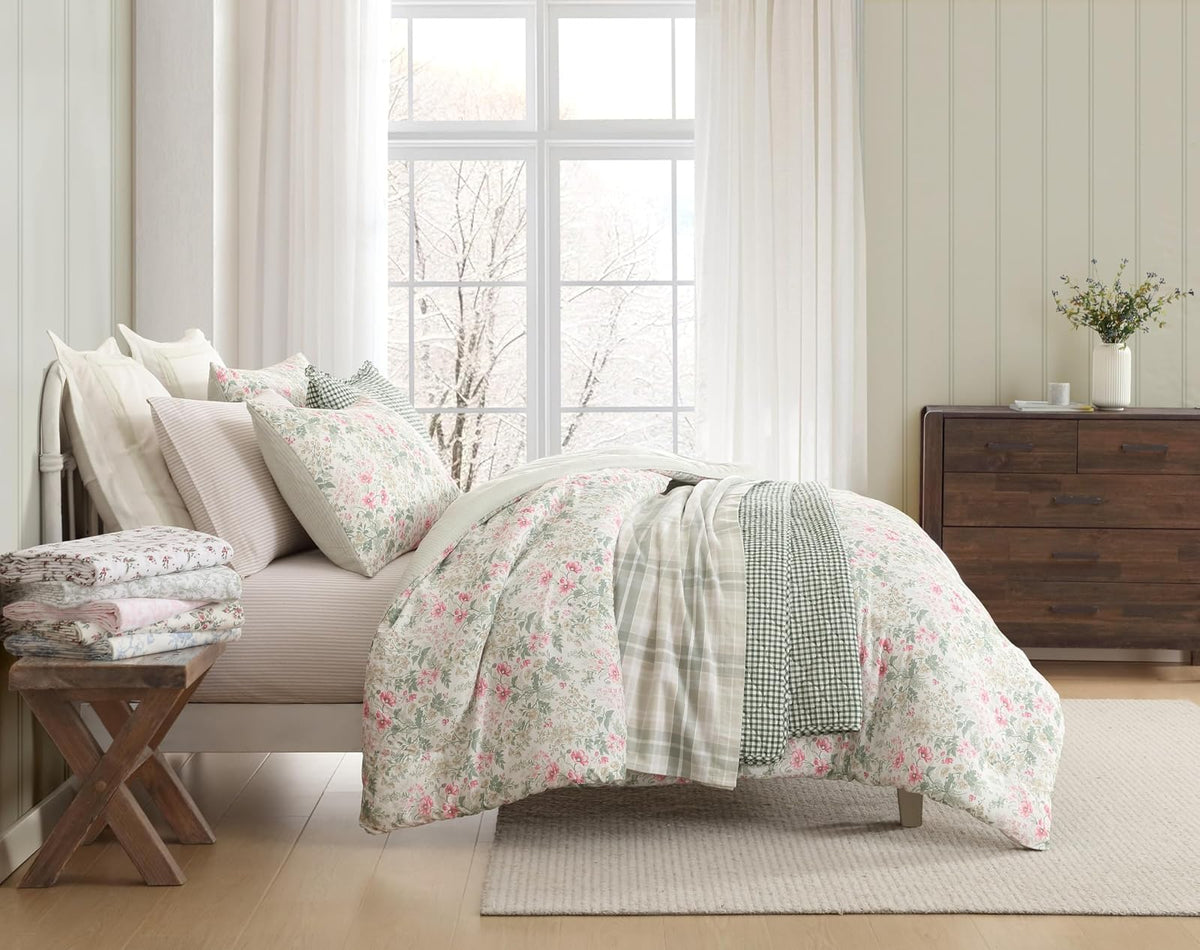 Laura Ashley Home - Juego de sábanas de Franela de algodón, cepilladas para Mayor suavidad y Comodidad (Gris a Cuadros, Queen)