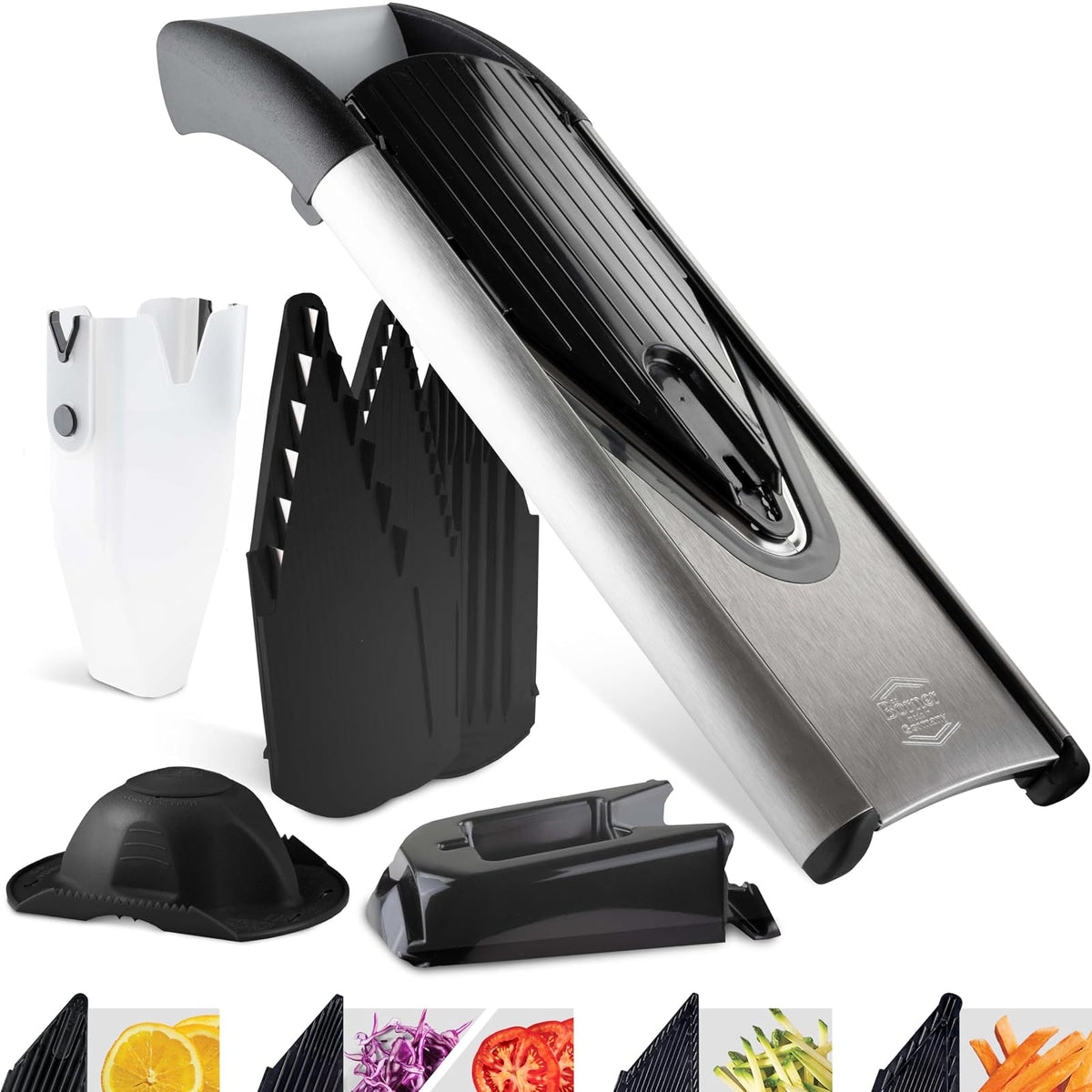 Börner by Reston Lloyd - Cortador de mandolina V6 (juego profesional) - Cortador de acero inoxidable con hoja en V - Cortador de cocina ajustable para verduras y frutas • Varios grosores y rallador