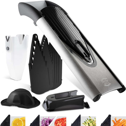 Börner by Reston Lloyd - Cortador de mandolina V6 (juego profesional) - Cortador de acero inoxidable con hoja en V - Cortador de cocina ajustable para verduras y frutas • Varios grosores y rallador