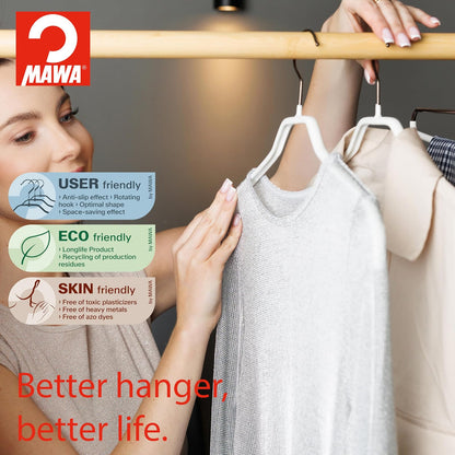 MAWA - Perchas estrechas pequeñas para Ropa de Acero con Revestimiento Antideslizante, para Camisas, Vestidos, Trajes, Camisolas, Chaquetas, Gancho Giratorio de 360 Grados, Juego de 10, Color Negro