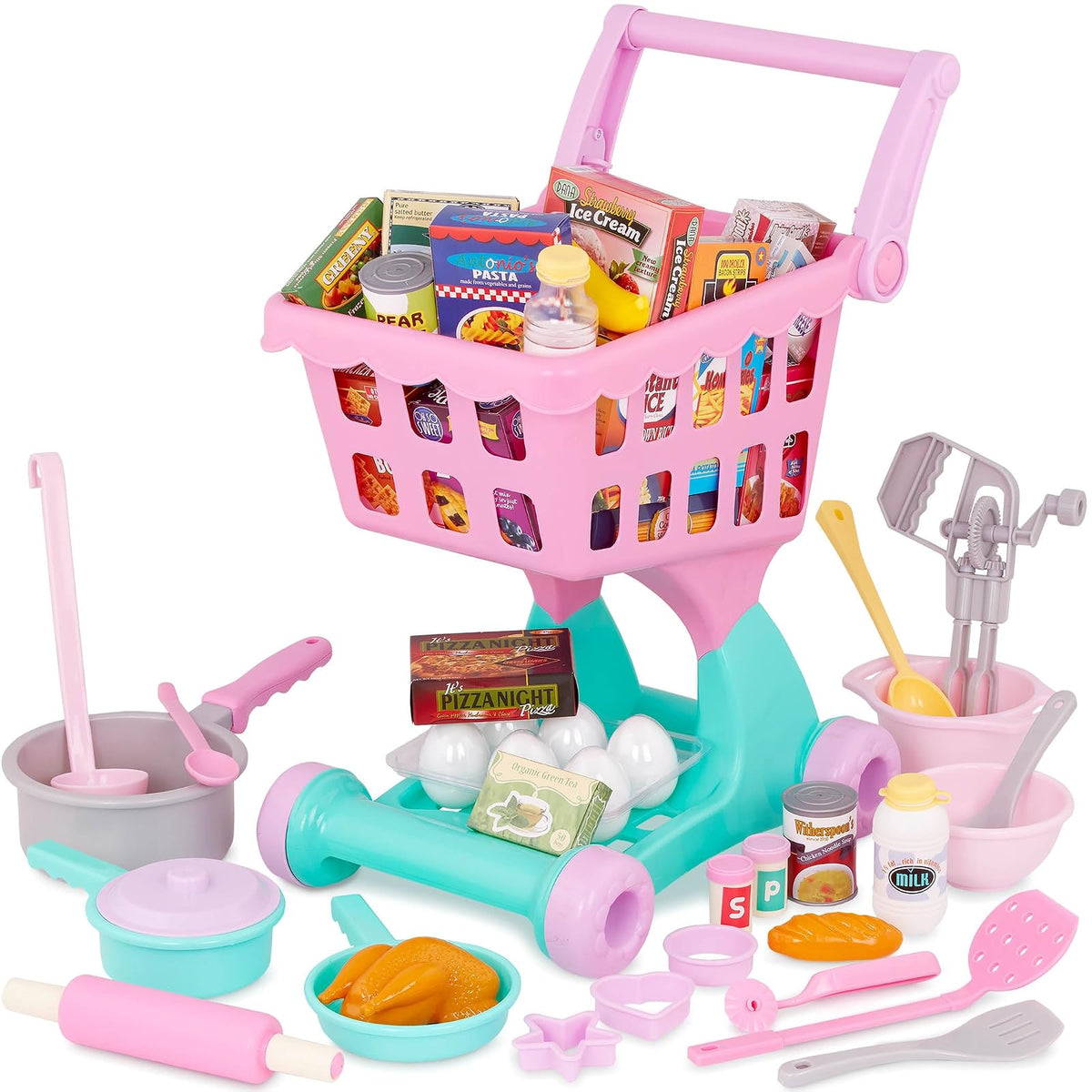 Battat Carrito de la Compra Shopping Day & Cookware con Cocina | Juego de 50 piezas con carrito, contenedor rosa, alimentos y utensilios para jugar a las compras y a la cocina, 3 años y + - Carrito de compras + juego de comestibles (50 piezas)