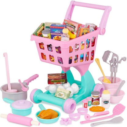 Battat Carrito de la Compra Shopping Day & Cookware con Cocina | Juego de 50 piezas con carrito, contenedor rosa, alimentos y utensilios para jugar a las compras y a la cocina, 3 años y + - Carrito de compras + juego de comestibles (50 piezas)