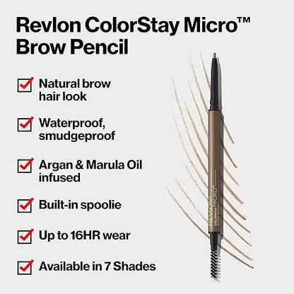 Revlon Colorstay Lápiz de cejas micro con cepillo de carrete integrado, impregnado con aceite de argán y marula, impermeable, a prueba de manchas, marrón oscuro 456