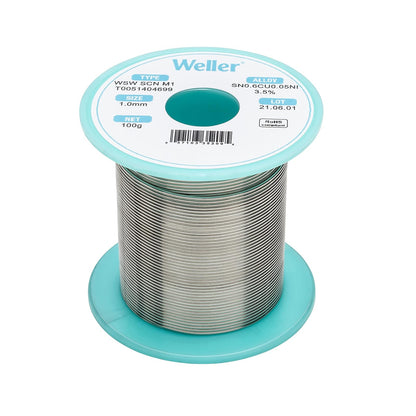 Weller WSW SCN M1 (T0051404699) Alambre de soldadura, diámetro: 1,0 mm, peso: 100 g / 3,527 oz, aleación Sn99.3Cu0.6Ni0.05, contenido de flujo 3,5% - 1,0 mm