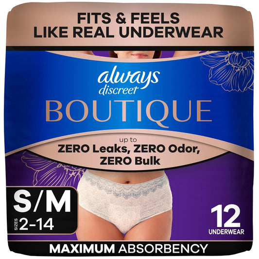 Always Discreet Boutique, incontinencia y ropa interior posparto para mujer, máxima protección, melocotón, pequeña/media, 12 unidades