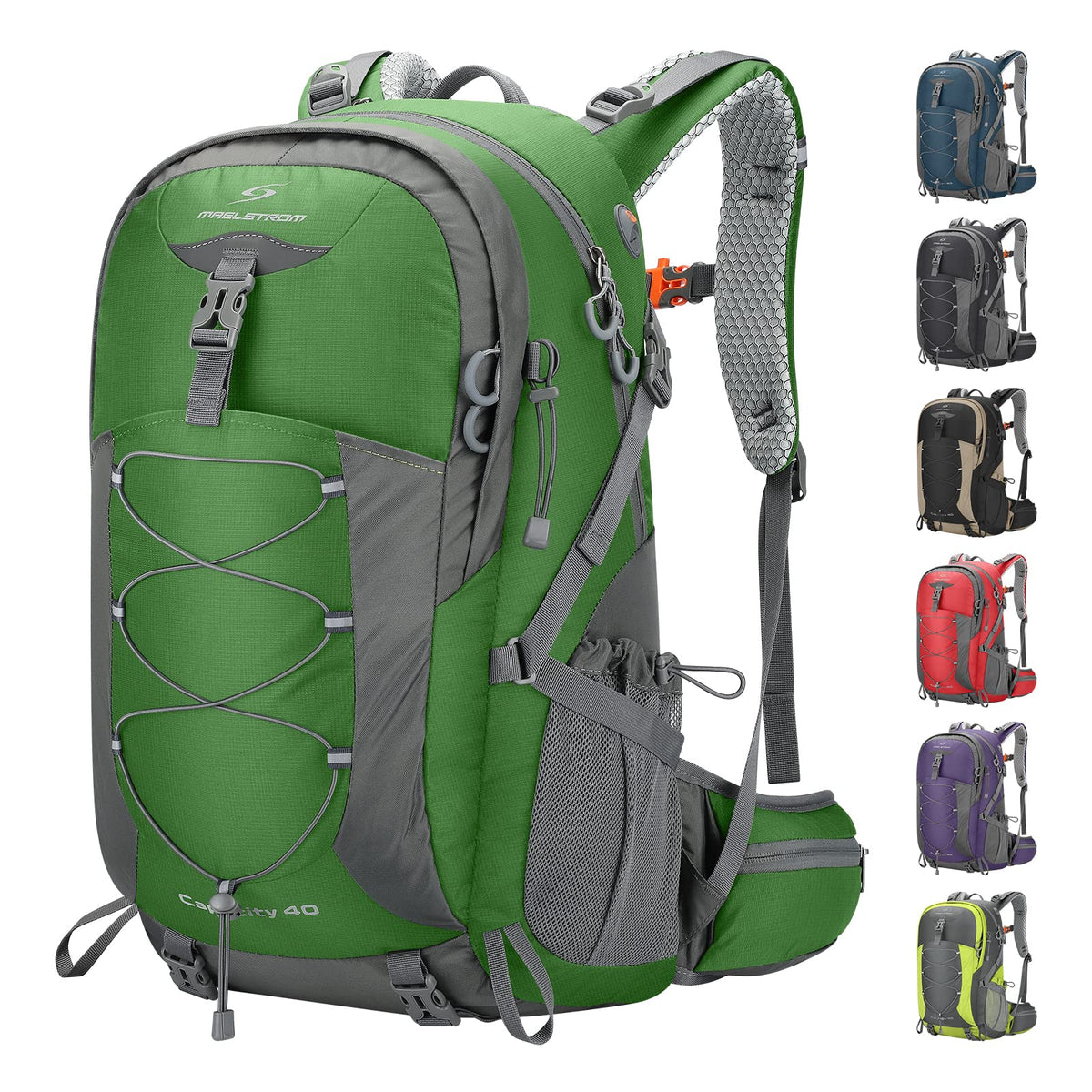Maelstrom Mochila Senderismo Liviana, Mochila Camping con Cubierta Lluvia | Nailon anti desgarro agua, separación seco húmedo, bolsillos, silbato emergencia. Ideal hombre, mujer, senderismo - 40 L - Verde