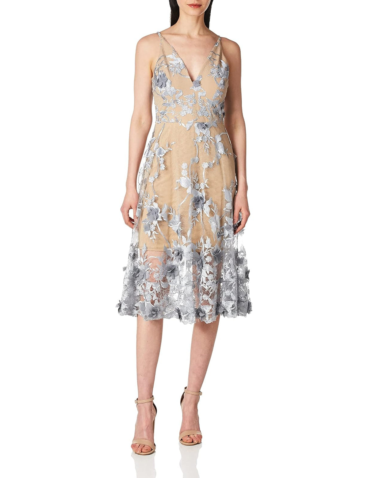Dress the Population Audrey Spaghetti Correa Midi A-Line 3D Floral Vestido Vestido para Mujer