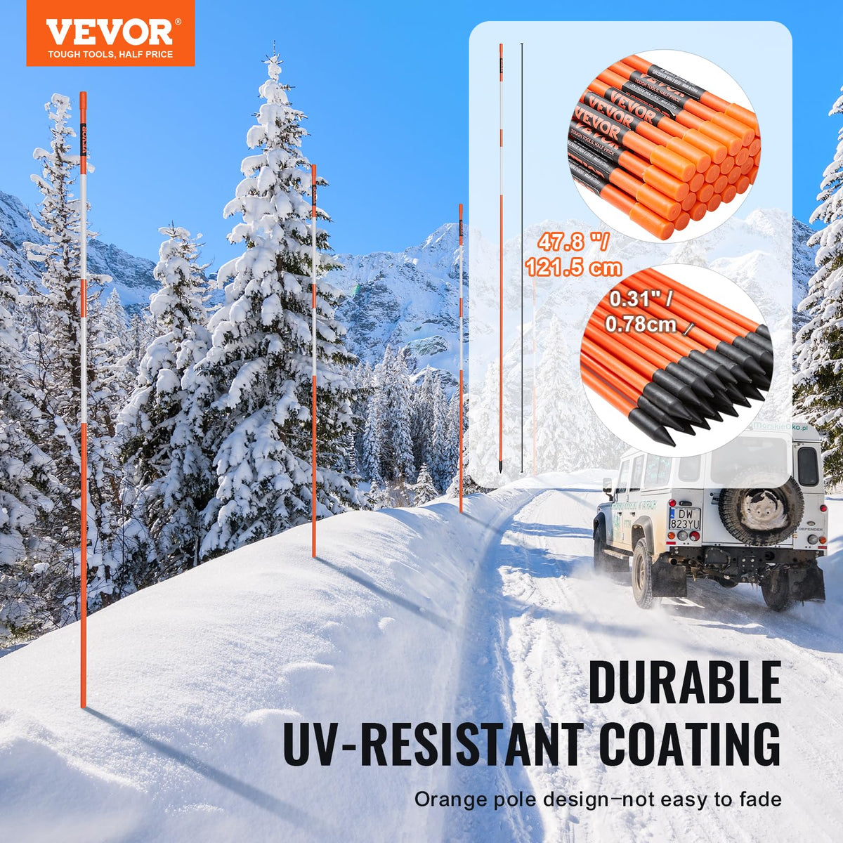 VEVOR Marcadores de Entrada 100 PCS Estacas de Nieve Naranja Fibra de Vidrio 0,78x121,5 cm Instalación de Tira Reflectante de Alta Visibilidad Broca de Acero 30 cm Protectores para Estacionamientos