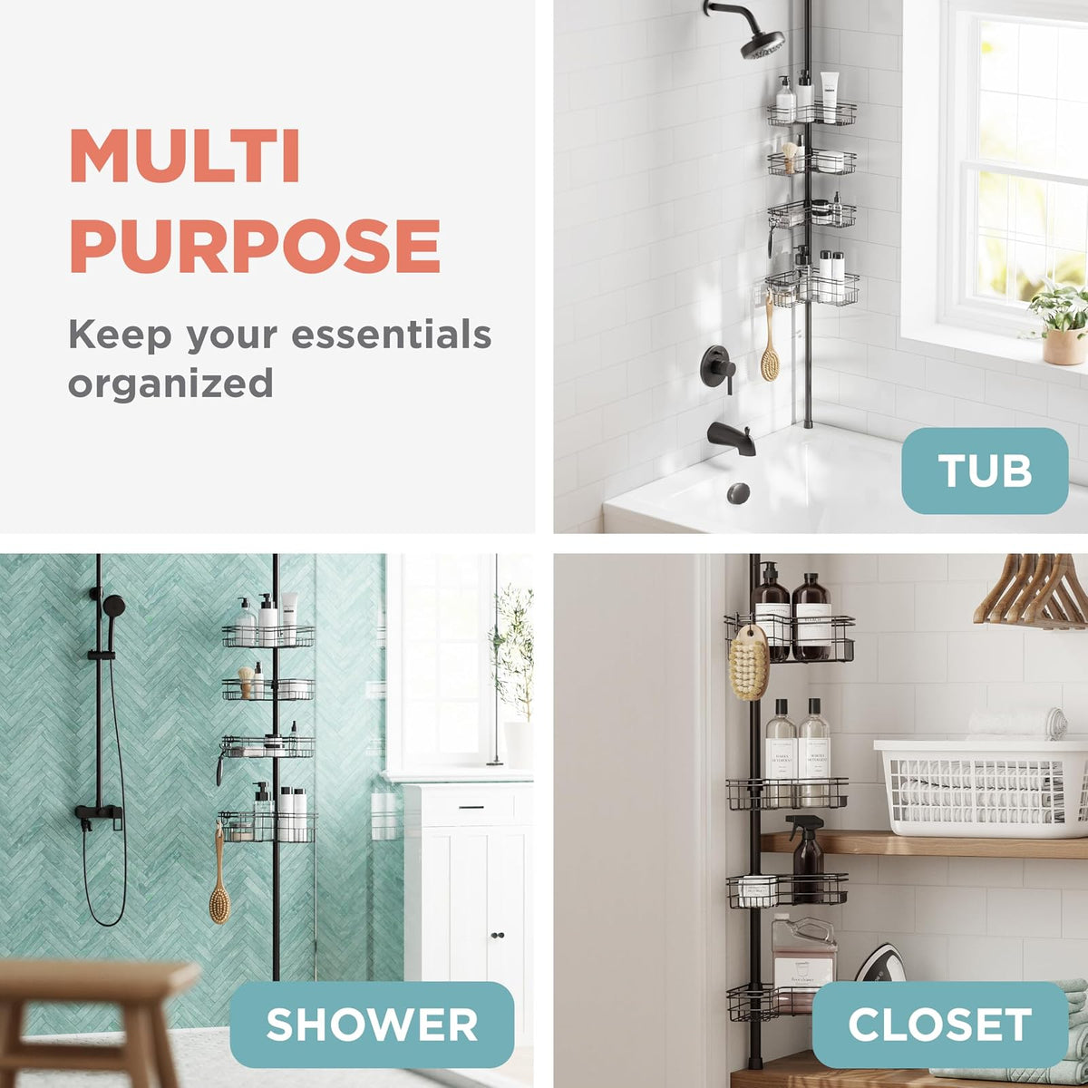 Zenna Home Organizador de Esquina para Ducha con Poste de tensión, Organizador de Ducha Ajustable con 4 cestas y Ganchos en Forma de L, Organizador de Barra de tensión para baño, Resistente al óxido
