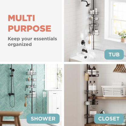 Zenna Home Organizador de Esquina para Ducha con Poste de tensión, Organizador de Ducha Ajustable con 4 cestas y Ganchos en Forma de L, Organizador de Barra de tensión para baño, Resistente al óxido