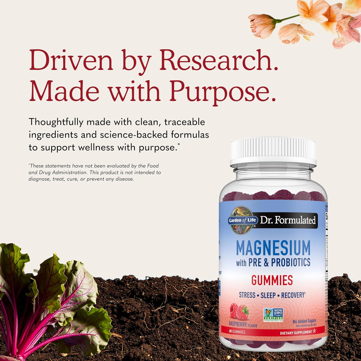 Garden of Life Gomitas de Magnesio con delicios sabor Frambuesa con soporte para el Estrés, adicionadas con Prebióticos y Probióticos para Dormir y Recuperse, 60 gomitas