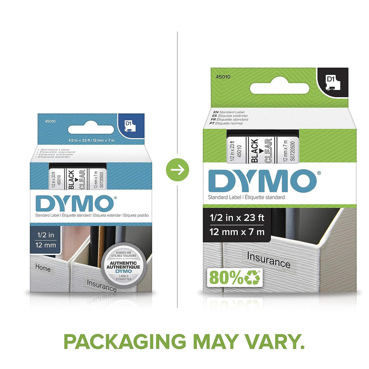 Dymo 45010 Cinta D1 1/2" 12mm Letra, negro/transparente