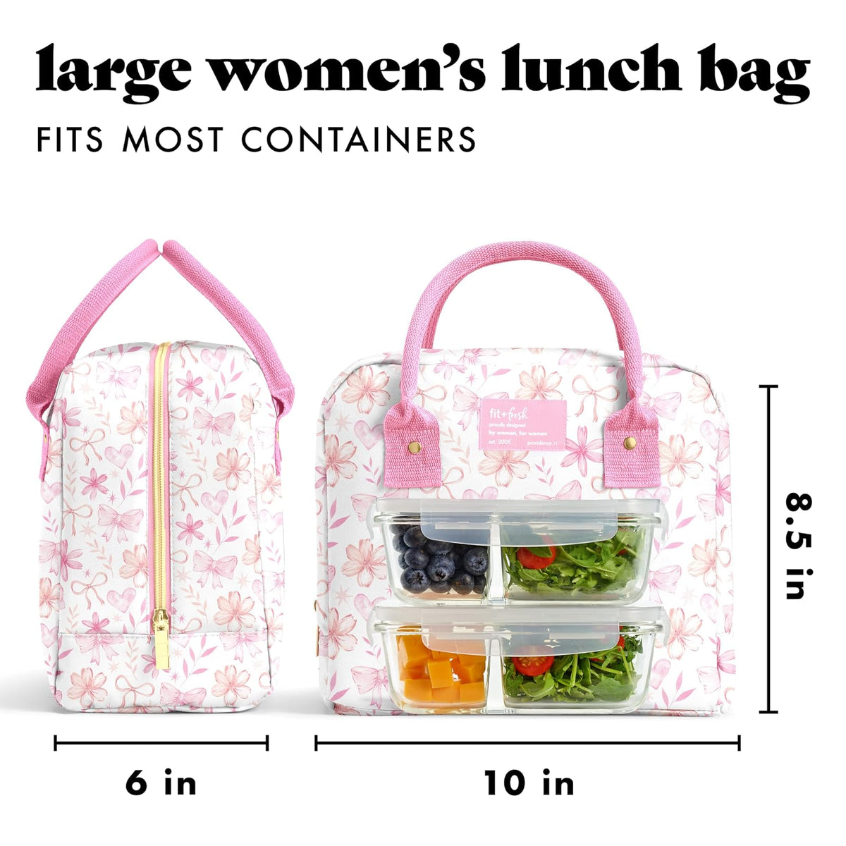 Fit & Fresh Bloomington - Bolsa de almuerzo para mujer - Lonchera grande aislada para trabajar con contenedores, resistente a fugas, resistente a las manchas, cierre de cierre, lazos florales dulces
