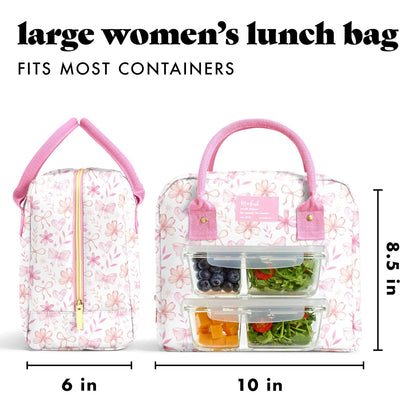 Fit & Fresh Bloomington - Bolsa de almuerzo para mujer - Lonchera grande aislada para trabajar con contenedores, resistente a fugas, resistente a las manchas, cierre de cierre, lazos florales dulces