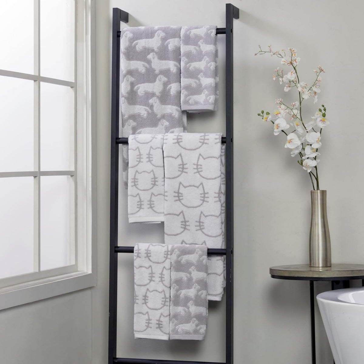 SKL Home - Juego de 2 Toallas de Mano para Gatos, para baño, Cocina, Bar y Regalo, Blanco/Gris