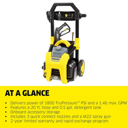 Kärcher K1800PS, MAX 2250 PSI, 3 boquillas de pulverización, Tanque de detergente, para Automóviles, calzadas, revestimientos, Patios, 1.46 máx. GPM