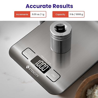 Etekcity Báscula de Cocina Digital de Precisión, Balanza Cocina de Acero Inoxidable 5 kg/ 11 lbs, Peso Cocina Multifuncional, Pantalla LCD, 2 Baterías Incluidas