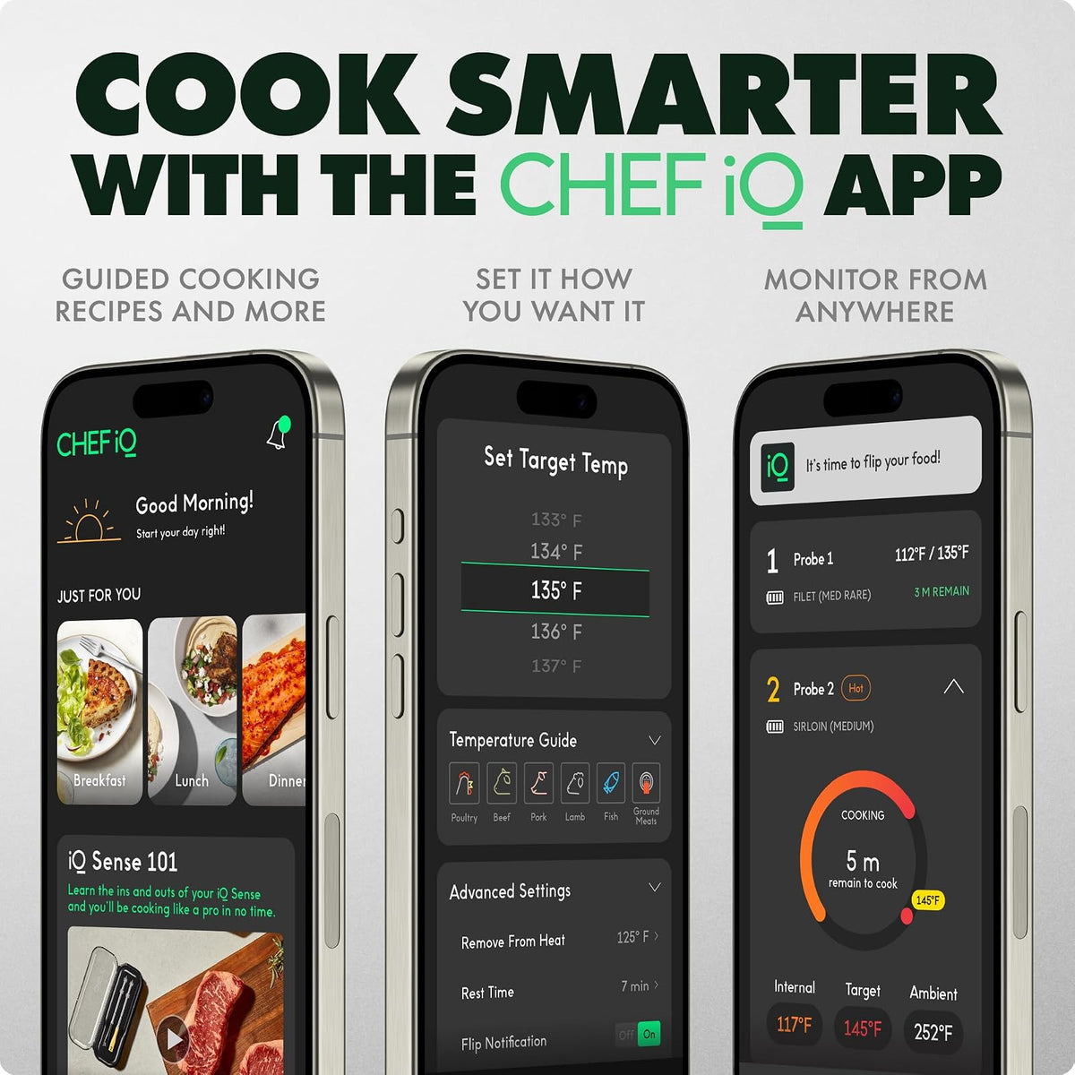 CHEF iQ Sense [modelo 2025] | Termómetro inalámbrico inteligente para carne | 4 sondas ultrafinas | Rango ilimitado WiFi | 1200 °F (1200 °F) seguro para el calor | 5 sensores | barbacoa, parrilla