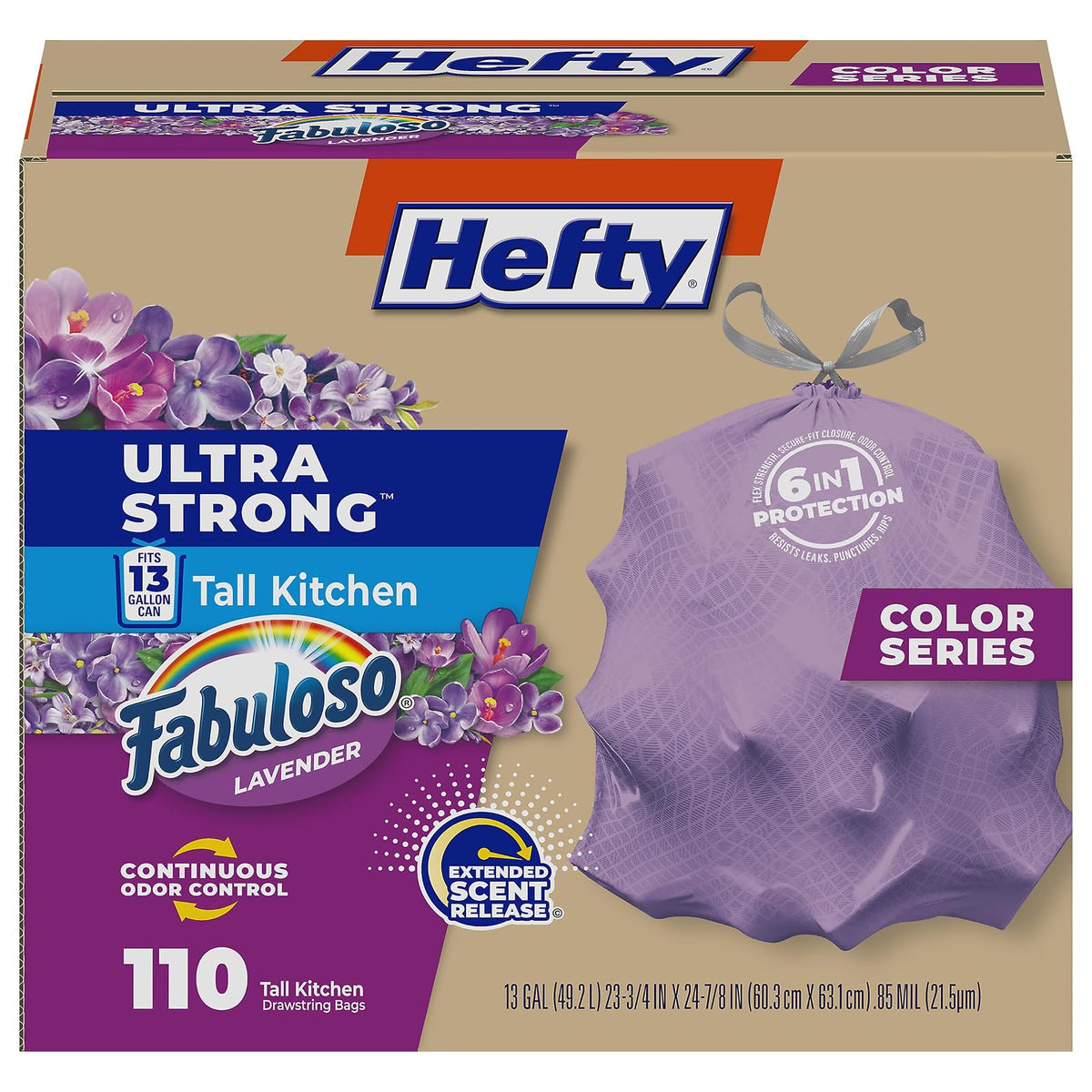 Hefty Bolsas de basura ultra fuertes de 13 galones, bolsas de basura altas para cocina, tamaño de 13 galones, resistentes a fugas, pinchazos y roturas, control continuo de olor, morado, aroma fabuloso