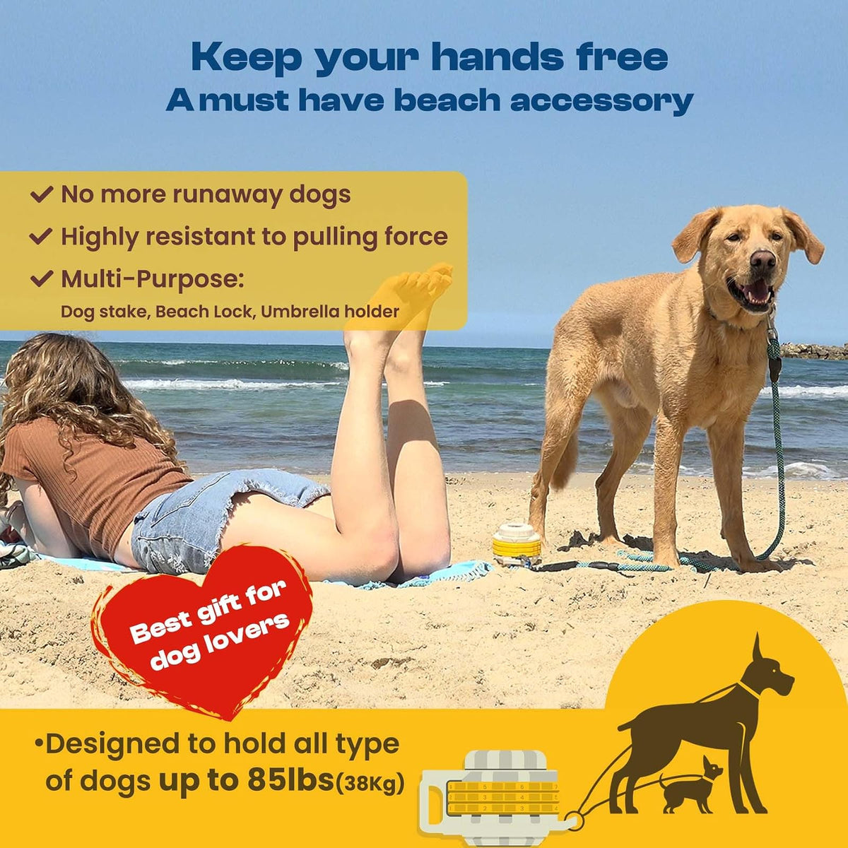 DIGGO - Estaca de Amarre para Perro para Playa Perros Grandes y Perros Pequeños | Orificio de Soporte para Sombrilla | Sistema Único de Bloqueo con Combinación Giratoria
