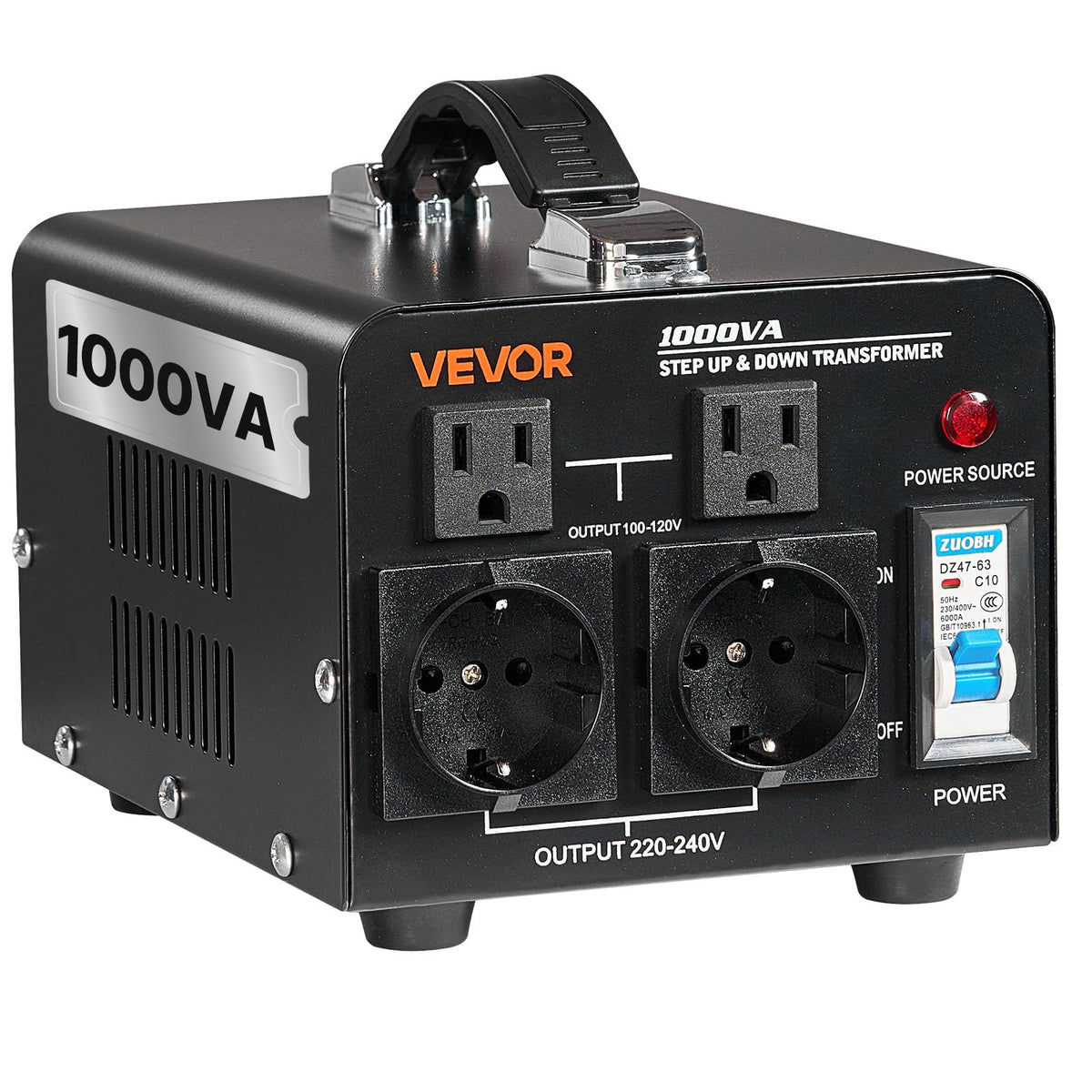 VEVOR Convertidor de Voltaje, 1000 VA, Transformador Elevador/Reductor, Convierte de 110 V a 220 V y de 220 V a 110 V, con Tomas de Corriente de EE. UU. y UE, Cable de Alimentación y Disyuntor
