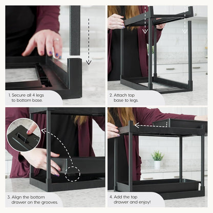 IRIS USA Organizador Bajo el Fregadero, organizador de almacenamiento bajo gabinete, estantes de baño, especiero, cajones extraíbles para el hogar, gabinetes, despensa, encimera, oficina, negro
