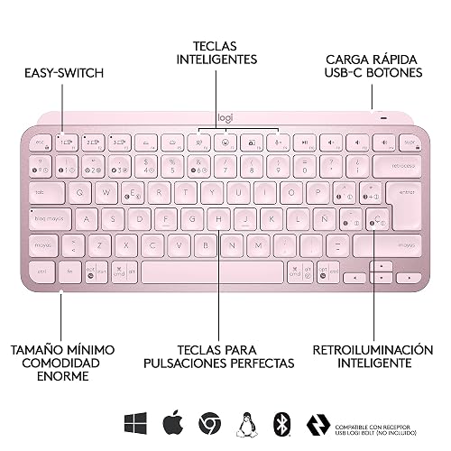 Logitech MX Keys Mini Teclado Inalámbrico Minimalista Iluminado, Compacto, Bluetooth, Retroiluminado, USB-C, Compatible con Apple macOS, iOS, Windows, Linux, Android, de Metal - Rosa