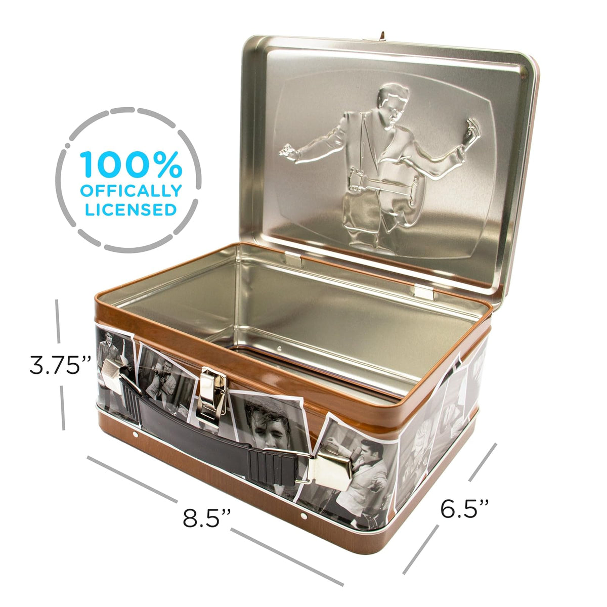 AQUARIUS Elvis TV Fun Box - Caja de almacenamiento de lata resistente con mango de plástico y cubierta frontal en relieve, con licencia oficial de Elvis y regalo coleccionable