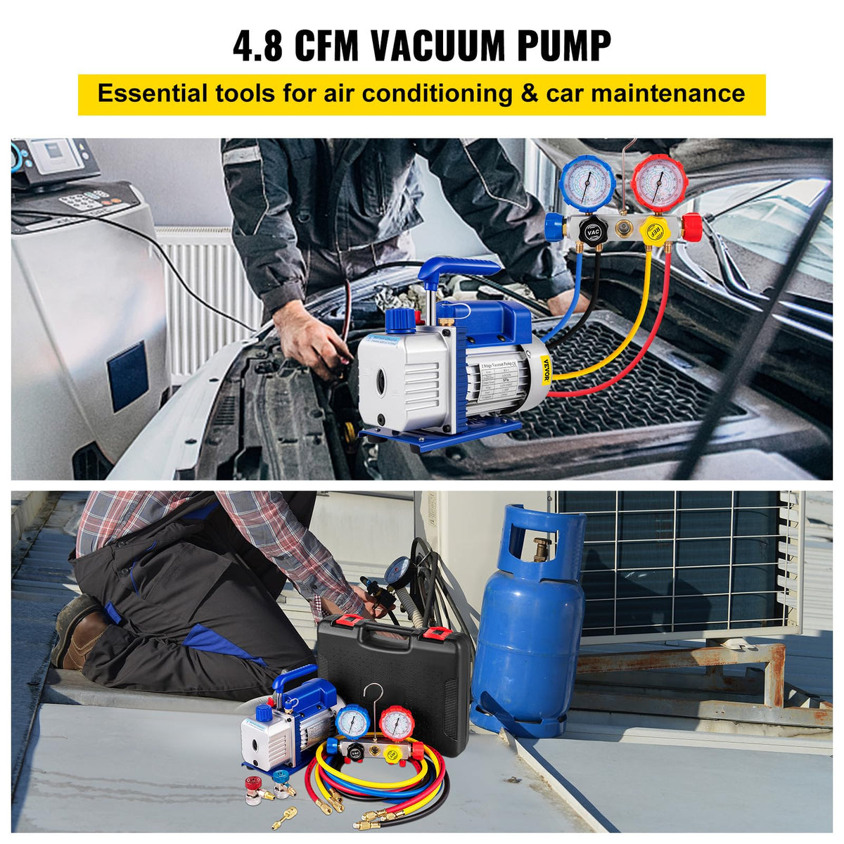 VEVOR Bomba de vacío 4.8CFM 1/3 HP Kit de refrigeración HVAC A/C de una sola etapa 5PA Ultimate Juego de manómetros de vacío R410A R134A R22 HVAC AC, manómetro de colector de 4 vías y manguera