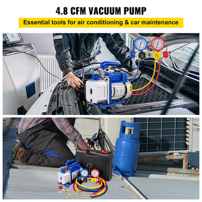 VEVOR Bomba de vacío 4.8CFM 1/3 HP Kit de refrigeración HVAC A/C de una sola etapa 5PA Ultimate Juego de manómetros de vacío R410A R134A R22 HVAC AC, manómetro de colector de 4 vías y manguera
