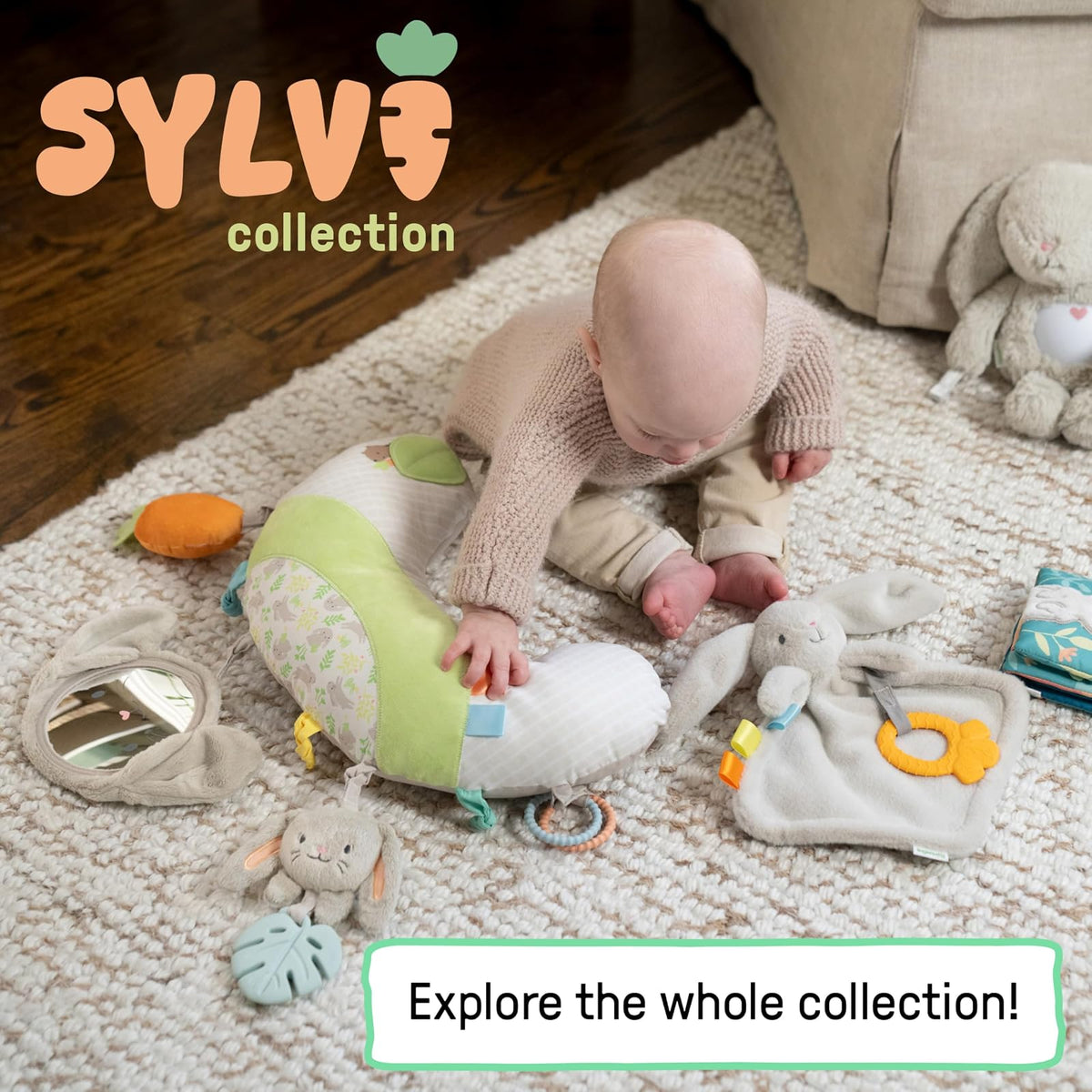 Ingenuity Cojín para el Juego Boca Abajo Cozy Prop Sylvi, Multisensorial, 4 Juguetes Desmontables, a Partir de Recién Nacidos - Conejito de Peluche
