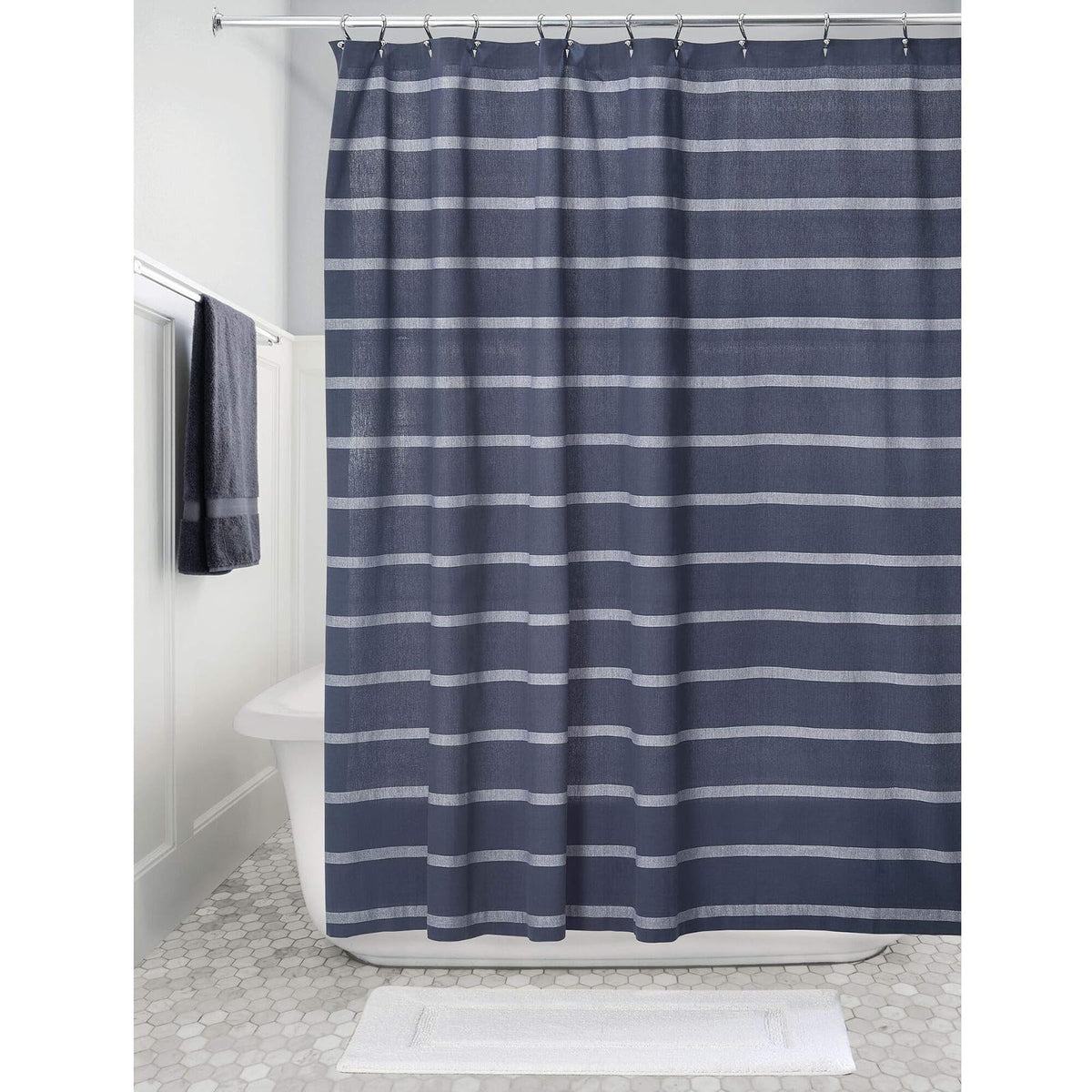 InterDesign iDesign Thin Stripe Fabric Shower Curtain, Modern Mildew-Resistant for Master, Guest, Kids' Bathrooms, Bathtubs, Stalls, Navy and White