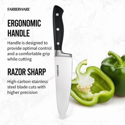 Farberware Edgekeeper Cuchillo de chef forjado triple remachado de 8 pulgadas con cubierta de hoja autoafilable, cuchillo de cocina de acero inoxidable de alto carbono con mango ergonómico, cuchillo