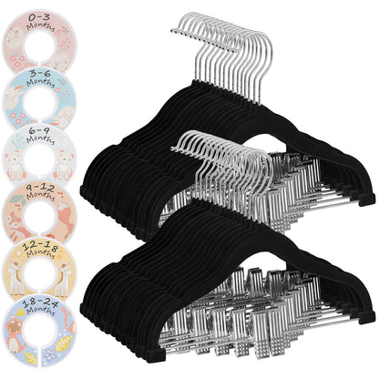 SONGMICS - Paquete de 30 Perchas para Pantalones de bebé con Clips, Perchas para niños con 6 divisores de Ropa, Colgador Antideslizante para niños, Color Negro UCRF013B30