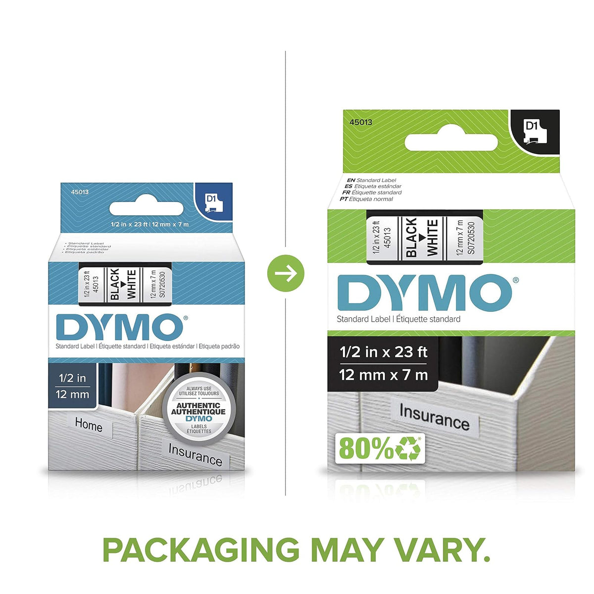 Dymo 45013 Cinta D1 1/2" 12mm x 7m, Letra, negro/blanco