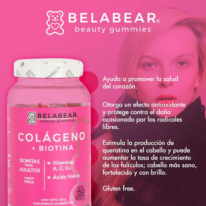 solanum Belabear Colágeno + Biotina con Vitamina A, C, D3, Ácido Fólico 150 Gomitas de 2,8 g c/u