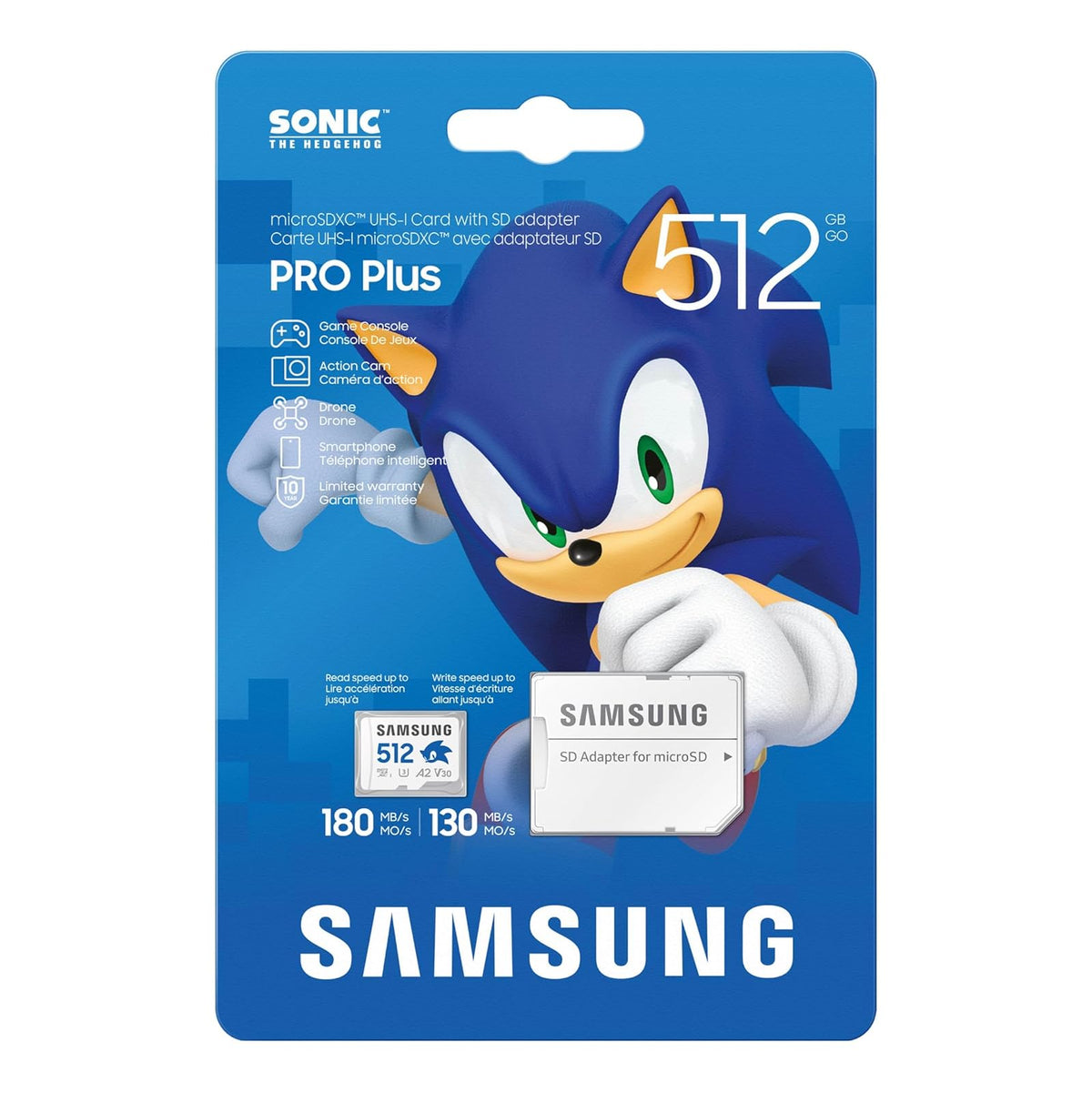 Adaptador Samsung Pro Plus Sonic The Hedgehog +, microSDXC de 512 GB, hasta 180 MB/s, Full HD y 4K UHD, UHS-I, C10, U3, V30, A2, para Nintendo-Switch, Steam Deck, GoPRO, dji Drone, Tablets