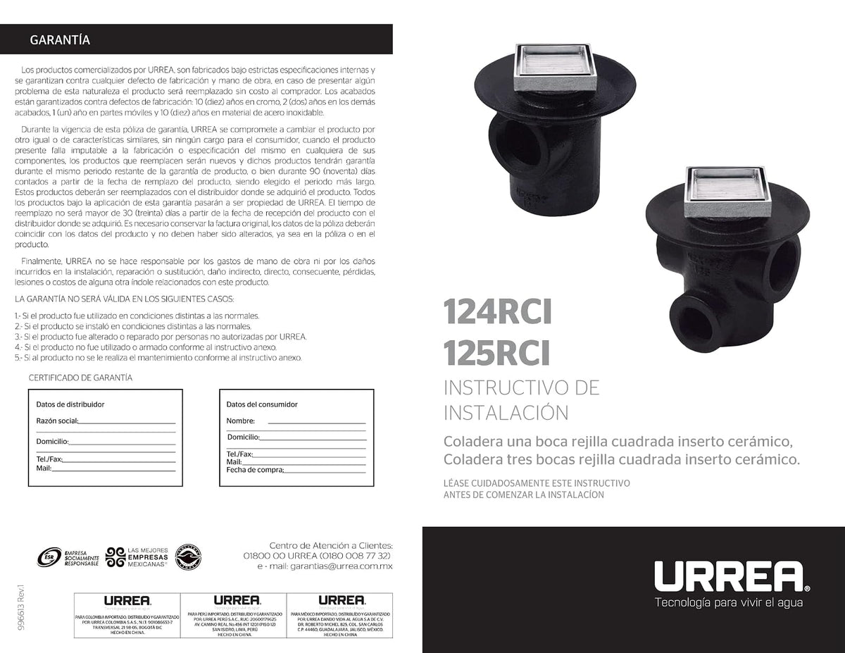 URREA 124RCI Coladera de hierro Una Boca Rejilla Cuadrada Inserto Cerámico 18 Cm