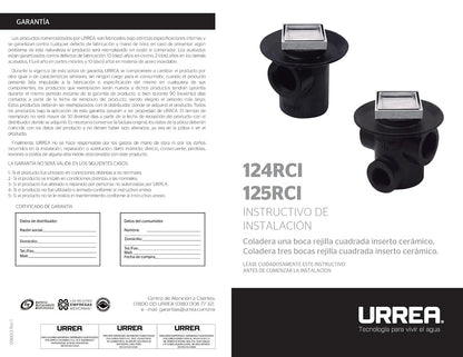URREA 124RCI Coladera de hierro Una Boca Rejilla Cuadrada Inserto Cerámico 18 Cm