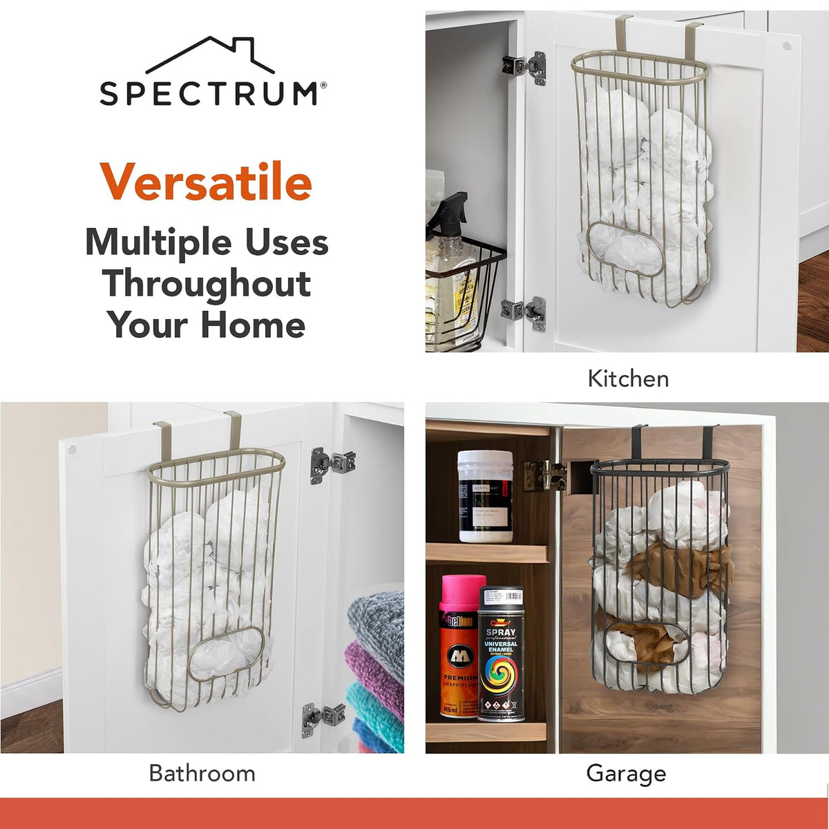 Spectrum Ashley - Soporte para bolsa de plástico sobre el gabinete (capa de níquel satinado) - Dispensador de bolsas de comestibles y reciclaje para cocina, baño, debajo del fregadero, hogar y organización de apartamentos