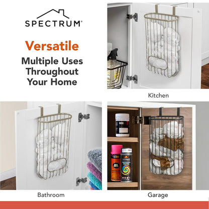 Spectrum Ashley - Soporte para bolsa de plástico sobre el gabinete (capa de níquel satinado) - Dispensador de bolsas de comestibles y reciclaje para cocina, baño, debajo del fregadero, hogar y organización de apartamentos