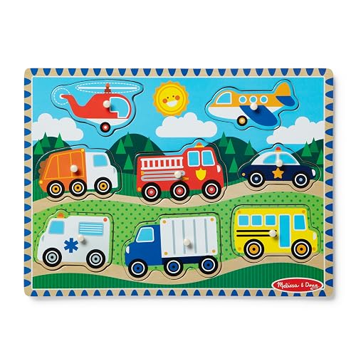 Melissa & Doug Rompecabezas de Vehículos con Clavijas, Juguete de Madera, Coloridas Ilustraciones de Vehículos, Construcción de Madera Extra-Gruesa (8 Piezas)