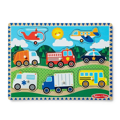 Melissa & Doug Rompecabezas de Vehículos con Clavijas, Juguete de Madera, Coloridas Ilustraciones de Vehículos, Construcción de Madera Extra-Gruesa (8 Piezas)